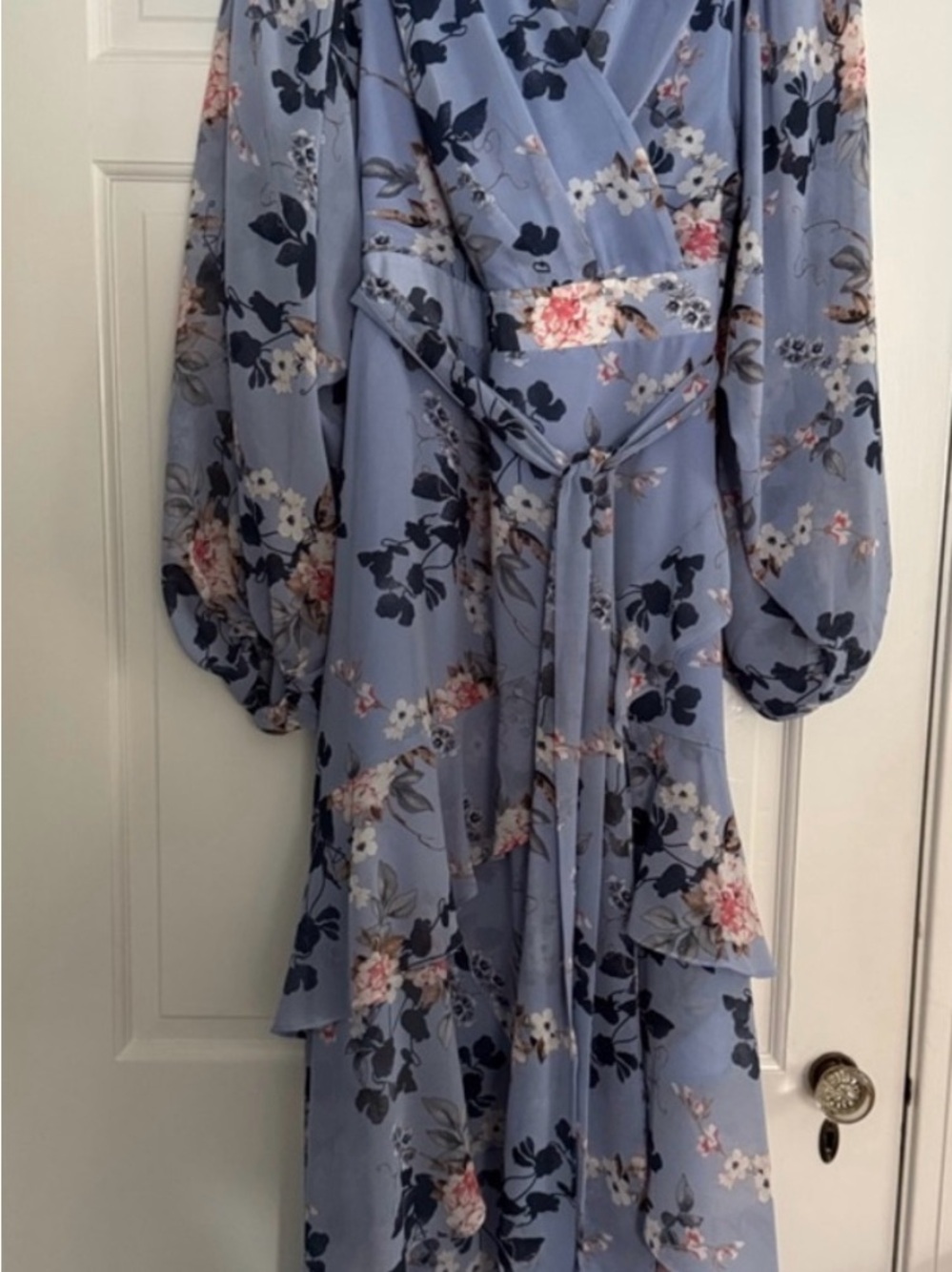 City Chic Dusty Blue Floral Wrap Maxi Dress with Balloon Sleeves